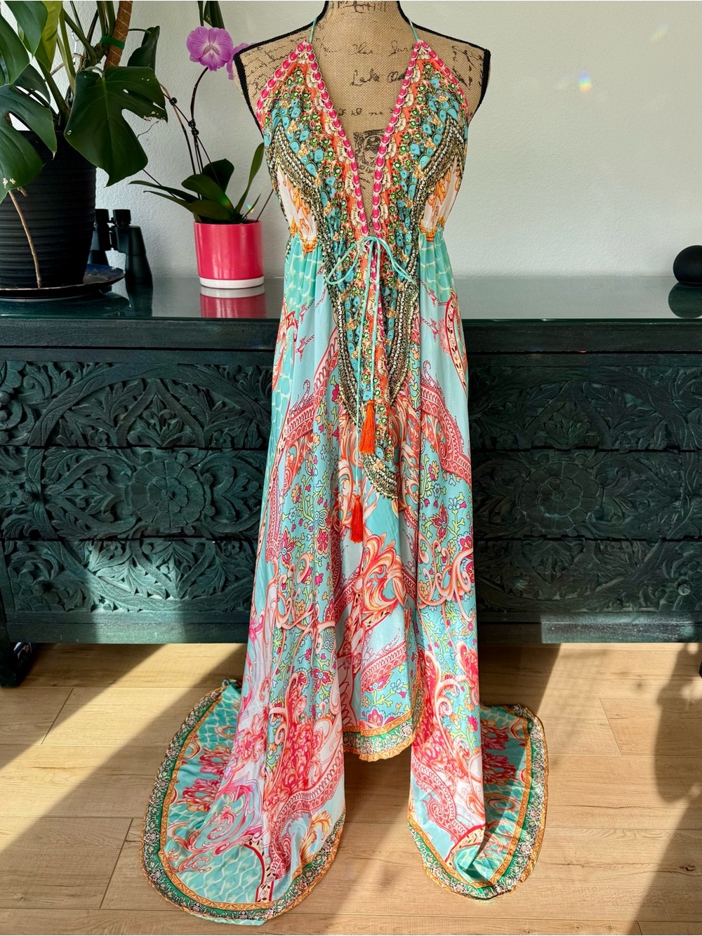 Turquoise and Coral Printed Maxi Dress With Sequin Detail And Tassels